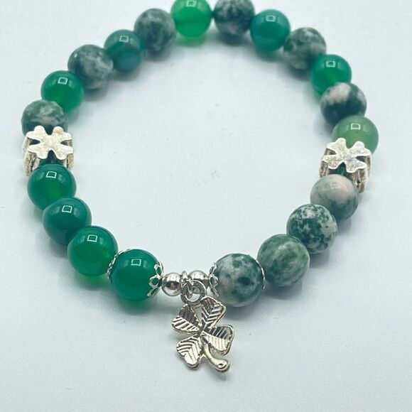 Lucky charm green aventurine tree agate beaded stretch bracelet ONE NEW Irish fo - Picture 8 of 8